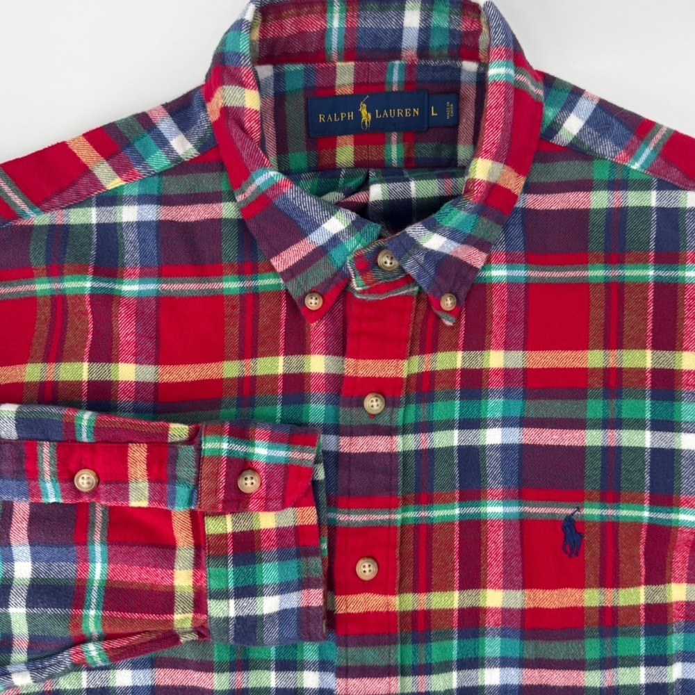 Ralph Lauren Men's Plaid Flannel Button Down Shirt Size L Red Green Blue Yellow